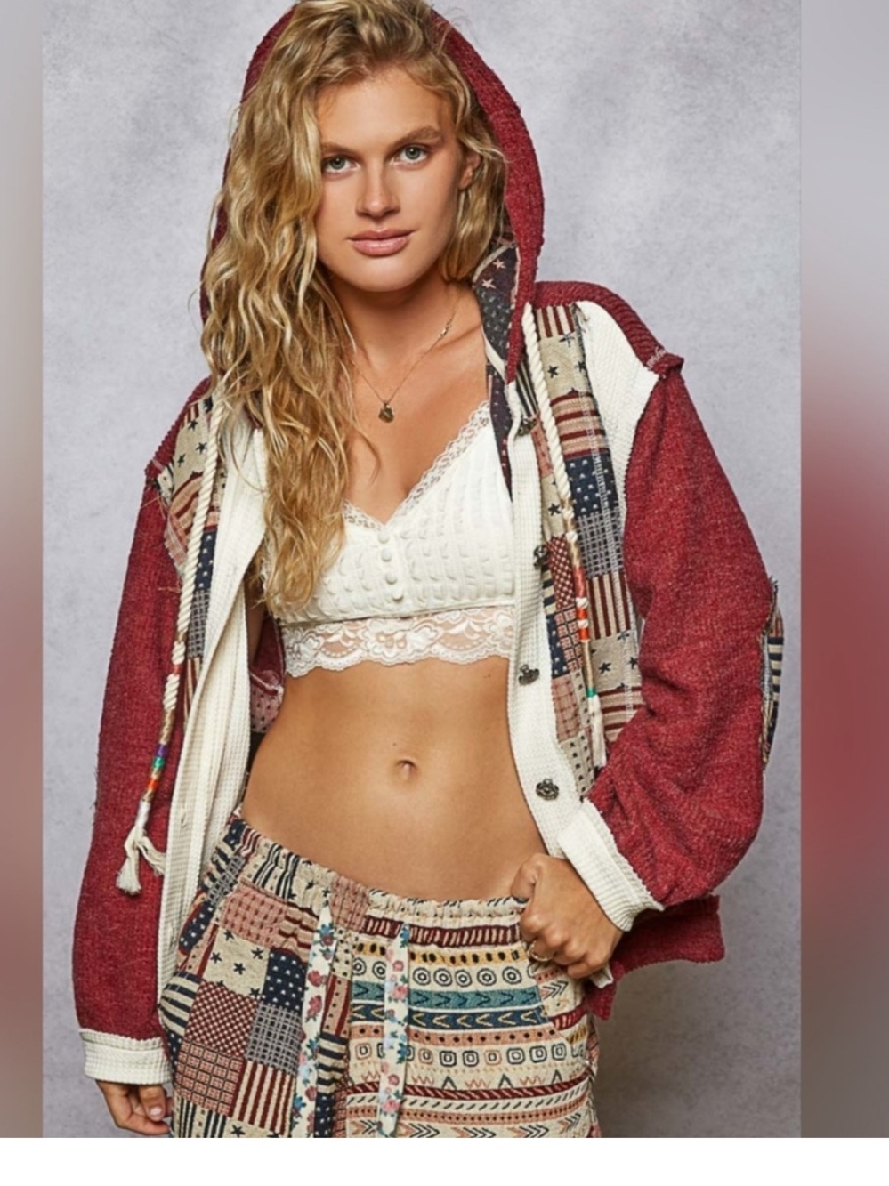 POL Hooded Patchwork Bomber Jacket in Red and Cream